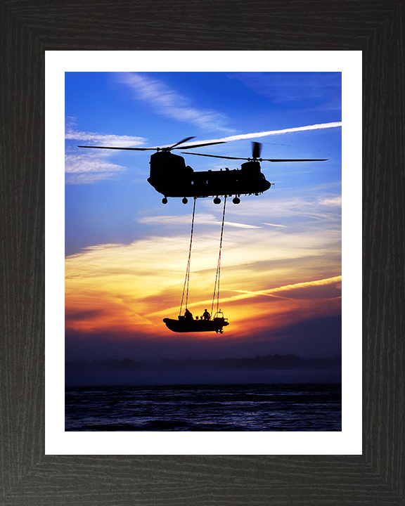 Royal Marines Commandos on a Rib Hoisted By a Chinook Helicopter Photo Print Hampshire Prints 10 x 8 Black Frame Yes