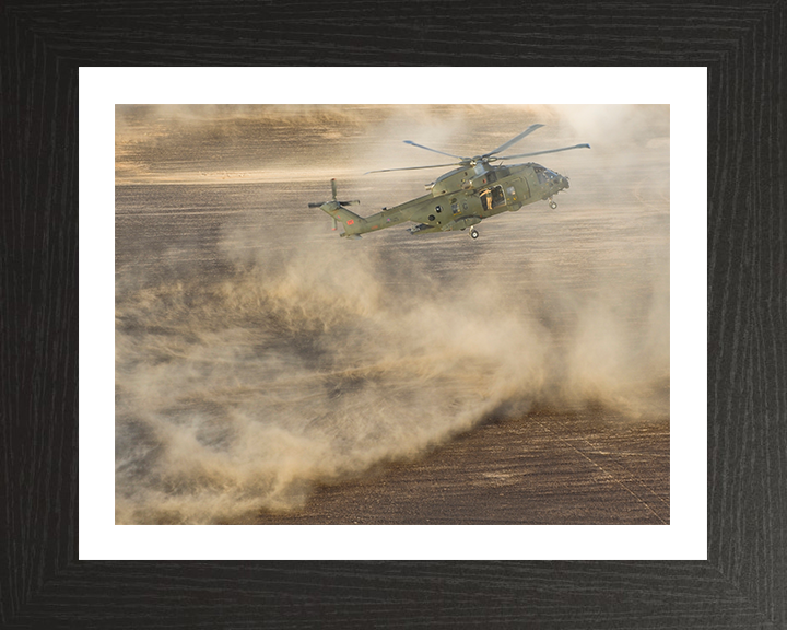 RAF Merlin Helicopter takes off creating a dust cloud Photo Print - Royal Air Force Aircraft Hampshire Prints 10 x 8 Black Frame Yes