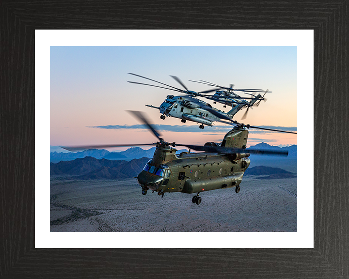 RAF CH-47 Chinook with two USMC ch-53 Sea Stallions Photo Print - Royal Air Force Aircraft Hampshire Prints 10 x 8 Black Frame Yes