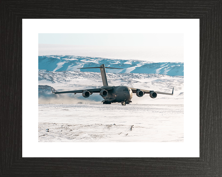RAF C-17 Globemaster Taxis on a Snowy Runway 2026 Photo Print Royal Air Force Aircraft Wall Art Posters, Prints, & Visual Artwork Hampshire Prints 10 x 8 Black Frame Yes