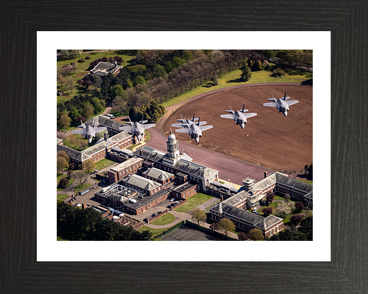 Six RAF F-35B Lightning jets above RAF College Cranwell Photo Print - Royal Air Force Aircraft Hampshire Prints 10 x 8 Black Frame Yes