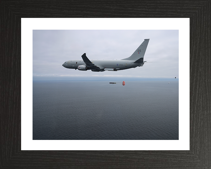 RAF Poseidon (P-8A) releasing a torpedo Photo Print - Royal Air Force Aircraft Hampshire Prints 10 x 8 Black Frame Yes