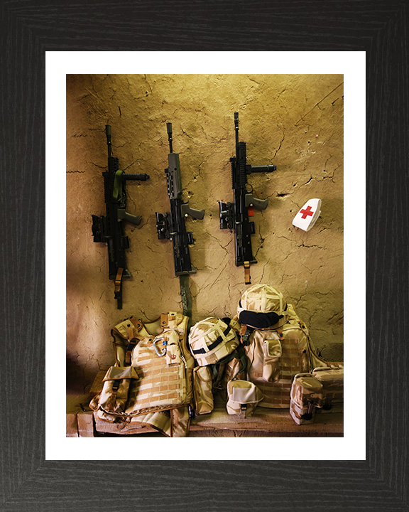 Royal Marines SA80s and kit on a wall in Afghanistan Photo Print Hampshire Prints 10 x 8 Black Frame Yes