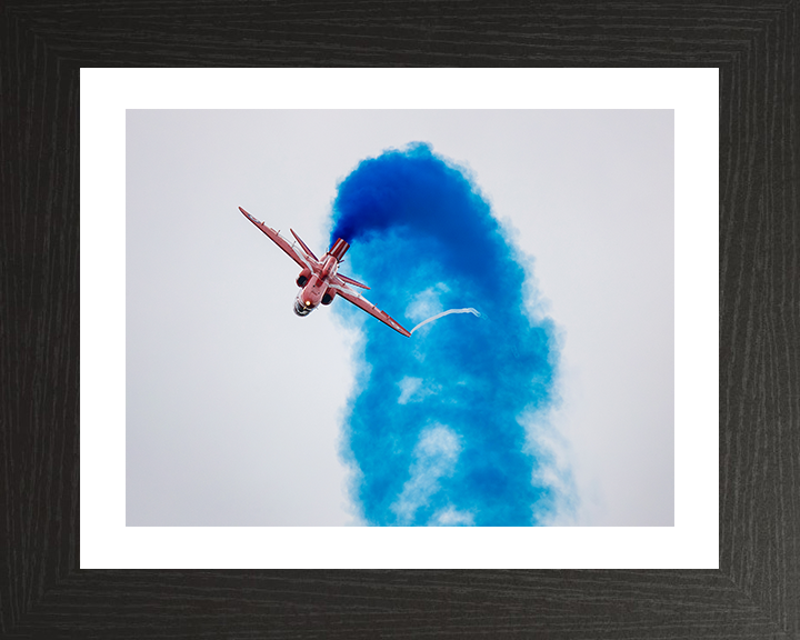 RAF Red Arrows Jet Inverted with Blue Smoke Photo Print - Royal Air Force Aircraft Posters, Prints, & Visual Artwork Hampshire Prints 10 x 8 Black Frame Yes