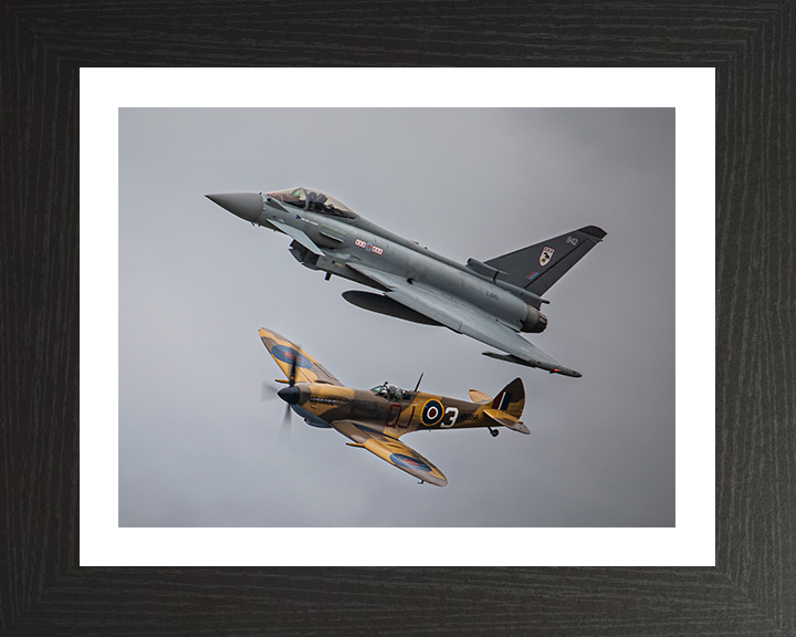 Typhoon FGR4 and RAF Spitfire in flight Photo Print - Royal Air Force Aircraft Hampshire Prints 10 x 8 Black Frame Yes