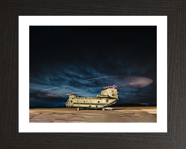RAF Chinook Helicopter Night Takeoff Photo Print - Royal Air Force Aircraft Hampshire Prints 10 x 8 Black Frame Yes