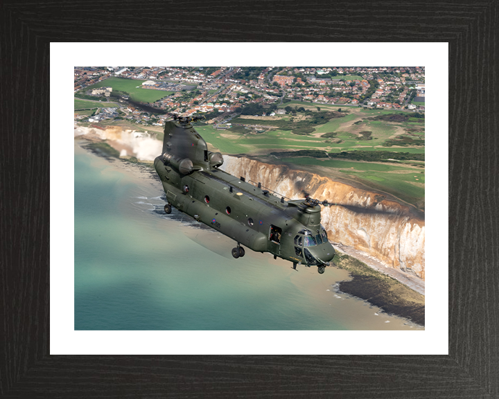 RAF Chinook Helicopter Over the English Coast Photo Print - Royal Air Force Aircraft Hampshire Prints 10 x 8 Black Frame Yes