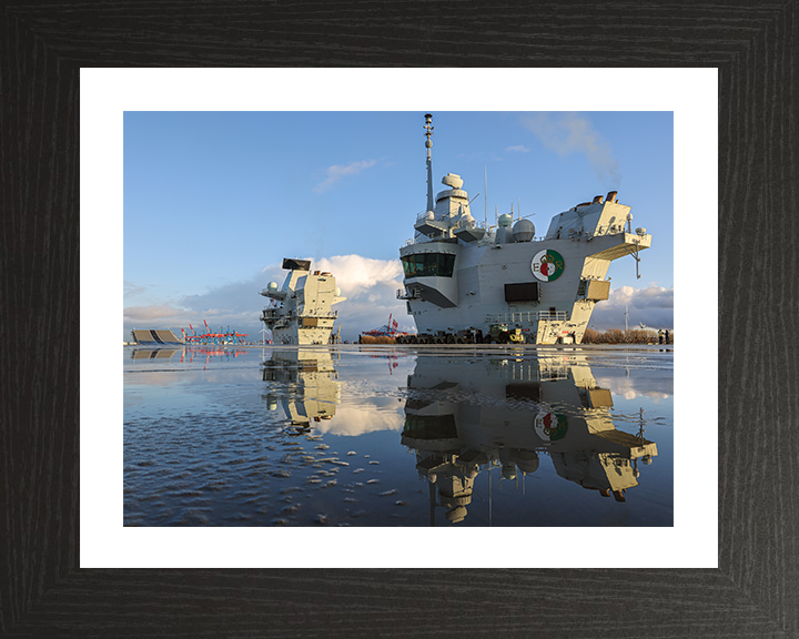 HMS Queen Elizabeth (R08) Photo Print - Flight Deck Reflections - Royal Navy Queen Elizabeth Class Aircraft Carrier Hampshire Prints 10 x 8 Black Frame Yes