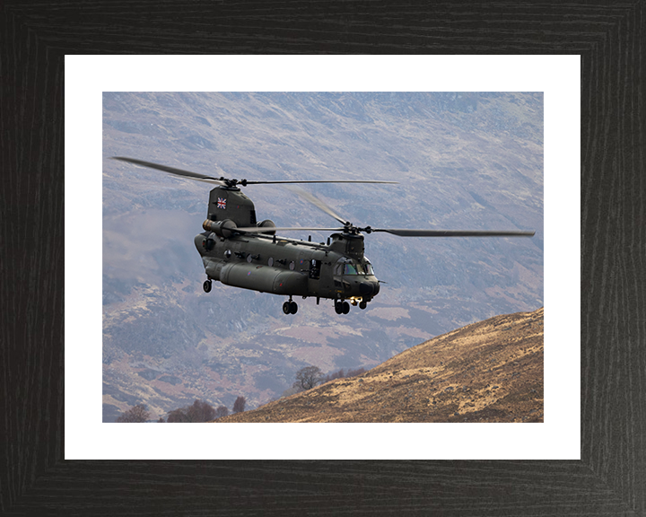 RAF Chinook Helicopter Flies Over The Highlands Photo Print - Royal Air Force Aircraft Hampshire Prints 10 x 8 Black Frame Yes