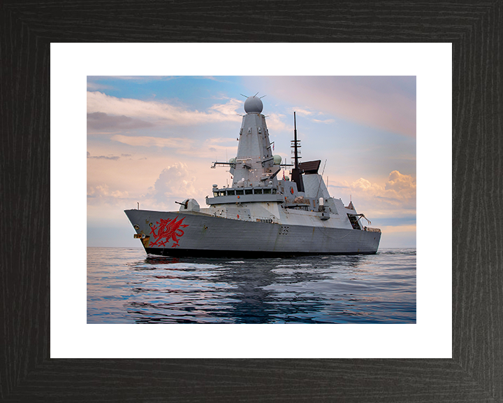 HMS Dragon (D35) Royal Navy Type 45 Destroyer Port Side View At Sunset Photo Print Wall Art Decor Posters, Prints, & Visual Artwork Hampshire Prints 10 x 8 Black Frame Yes