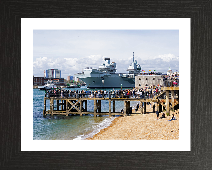HMS Prince of Wales (R09) Photo Print - Round Tower 2025 - Royal Navy Queen Elizabeth Class Aircraft Carrier Hampshire Prints 10 x 8 Black Frame Yes
