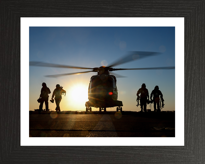 Merlin Helicopter on a Flight Deck at Sunset Photo Print - Royal Navy Aircraft Hampshire Prints 10 x 8 Black Frame Yes