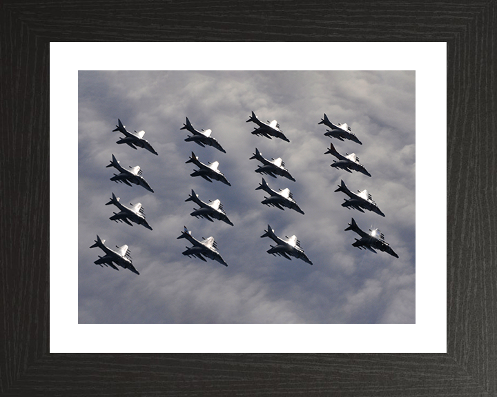 Sixteen RAF Harrier GR7 Jets in formation Photo Print - Royal Air Force Aircraft Posters, Prints, & Visual Artwork Hampshire Prints 10 x 8 Black Frame Yes