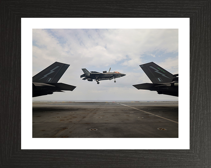 F-35B Lighting Jet Landing above a Flight Deck 2025 Photo Print - Royal Navy Aircraft Posters, Prints, & Visual Artwork Hampshire Prints 10 x 8 Black Frame Yes