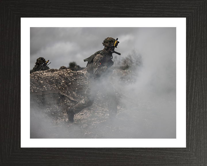 Soldier running through smoke Photo Print - British Army Hampshire Prints 10 x 8 Black Frame Yes