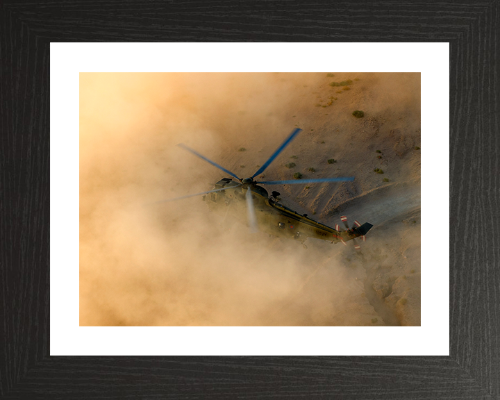 Sea King Helicopter Landing in the Desert 2013 Photo Print - Royal Navy Aircraft Posters, Prints, & Visual Artwork Hampshire Prints 10 x 8 Black Frame Yes