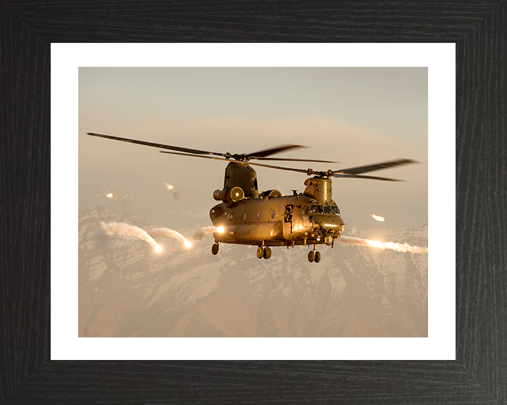 RAF Chinook Helicopter Over Afghanistan Firing Flares Photo Print - Royal Air Force Aircraft Hampshire Prints 10 x 8 Black Frame Yes