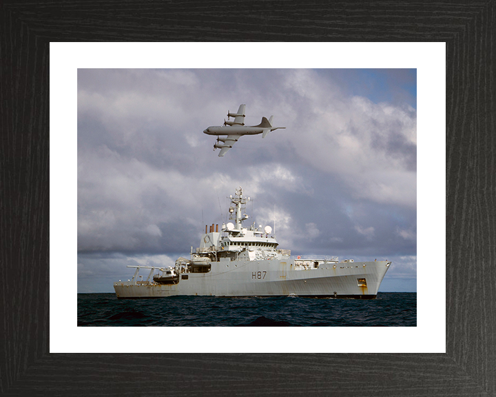 HMS Echo (H87) Photo Print - With AP3C Orion Plane - Royal Navy Echo Class Survey Vessel Hampshire Prints 10 x 8 Black Frame Yes