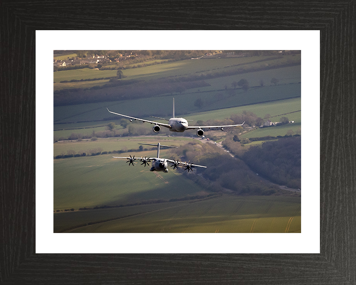 RAF Voyager and C-130J Hercules above RAF College Cranwell Photo Print - Royal Air Force Aircraft Hampshire Prints 10 x 8 Black Frame Yes
