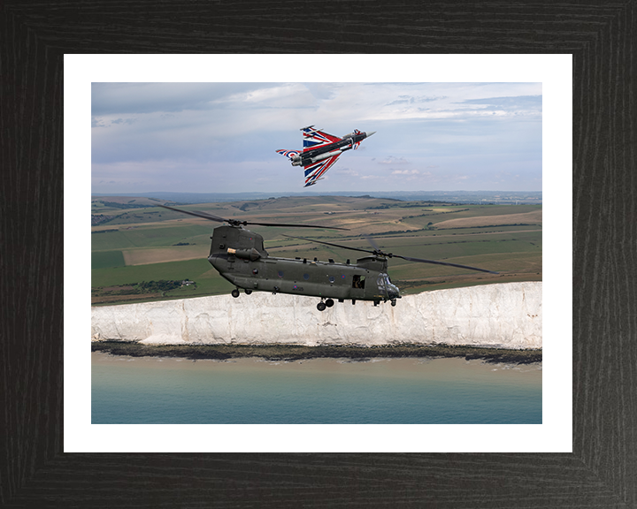RAF Chinook Helicopter and Typhoon Jet Photo Print - Royal Air Force Aircraft Hampshire Prints 10 x 8 Black Frame Yes