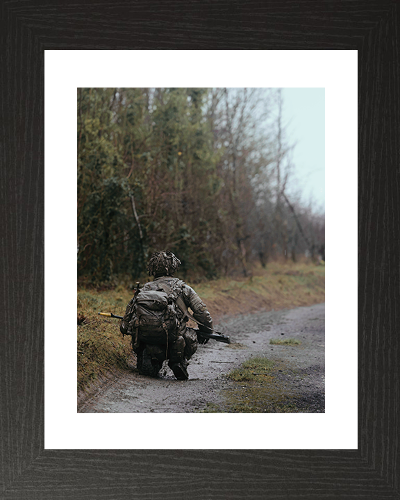 British Army Soldier Officer Cadet Crouches in the Field Photo Print Wall Art Military Decor Posters, Prints, & Visual Artwork Hampshire Prints 10 x 8 Black Frame Yes