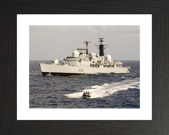 HMS Cardiff (D108) Royal Navy Type 42 Destroyer With RIB Photo Print Wall Art Decor Posters, Prints, & Visual Artwork Hampshire Prints 10 x 8 Black Frame Yes