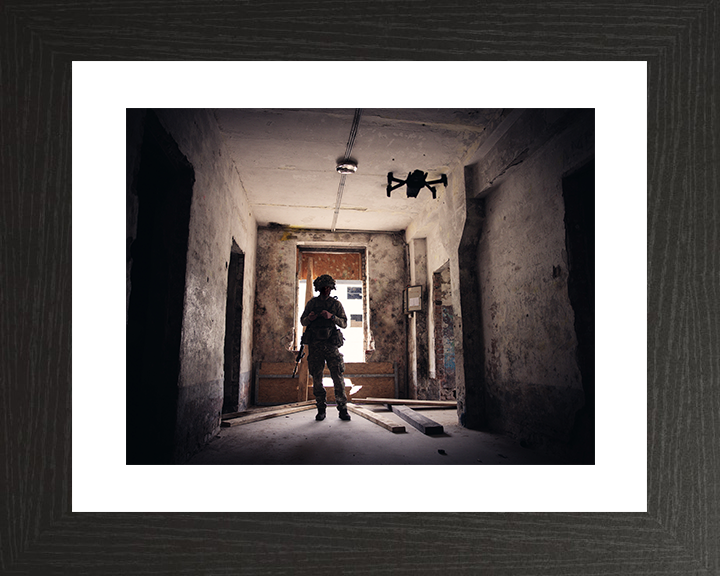 British Army Soldier Operating a Parrot Drone Urban Warfare Training Photo Print Military Decor Posters, Prints, & Visual Artwork Hampshire Prints 10 x 8 Black Frame Yes