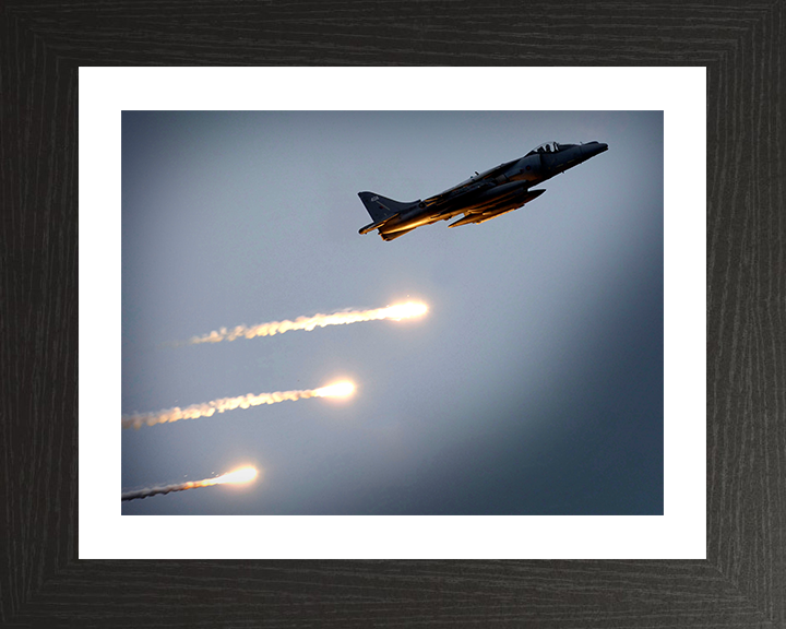 Harrier GR7 Firing Decoy Flares Photo Print - Royal Navy Aircraft Posters, Prints, & Visual Artwork Hampshire Prints 10 x 8 Black Frame Yes