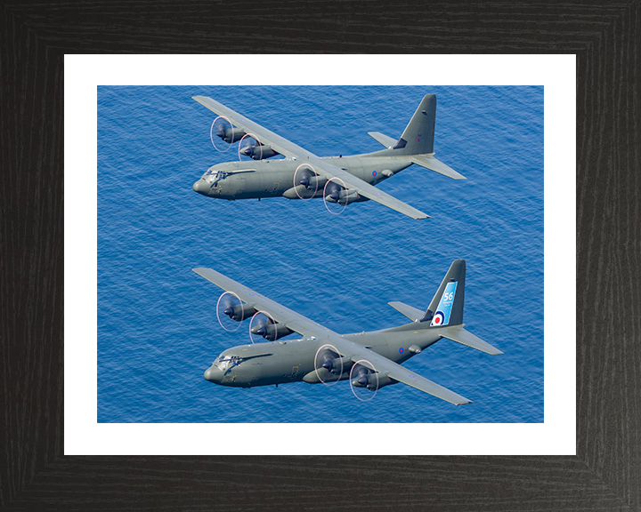 Two RAF Hercules C-130J in flight Photo Print - Royal Air Force Aircraft Hampshire Prints 10 x 8 Black Frame Yes