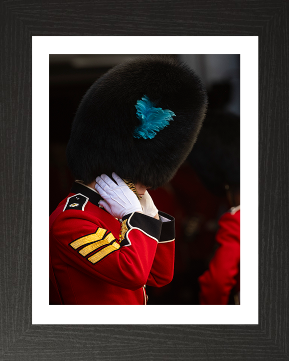 Irish Guards Sergeant dons his Bear Skin Photo Print - British Army Hampshire Prints 10 x 8 Black Frame Yes