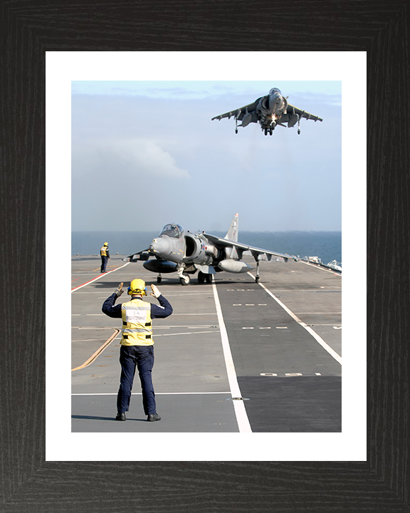 Two Harrier Jets Landing on the Flight deck of HMS Illustrious Photo Print - Royal Navy Aircraft Posters, Prints, & Visual Artwork Hampshire Prints 10 x 8 Black Frame Yes