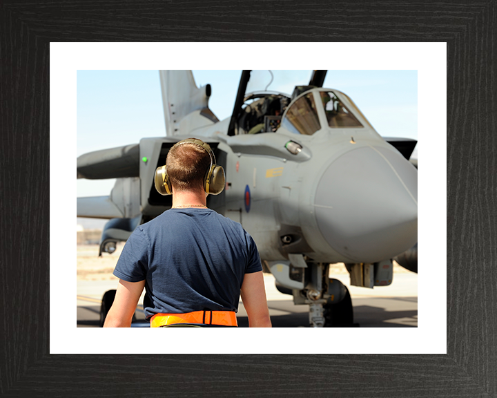 RAF Ground Crew Marshalling a Tornado GR4 Jet Photo Print - Royal Air Force Posters, Prints, & Visual Artwork Hampshire Prints 10 x 8 Black Frame Yes
