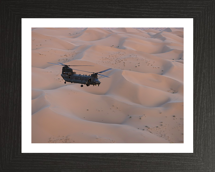 RAF Chinook Over Helicopter sand Dunes Photo Print - Royal Air Force Aircraft Hampshire Prints 10 x 8 Black Frame Yes