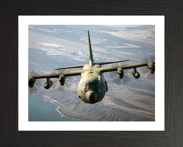 RAF C130J C4 Hercules in flight Photo Print - Royal Air Force Aircraft Hampshire Prints 10 x 8 Black Frame Yes