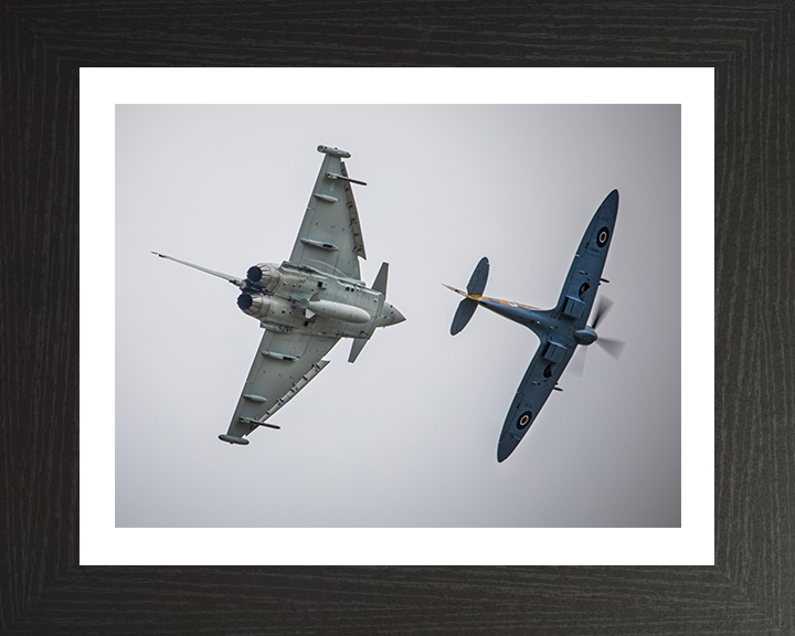 RAF Typhoon FGR4 and Spitfire in flight Photo Print - Royal Air Force Aircraft Hampshire Prints 10 x 8 Black Frame Yes