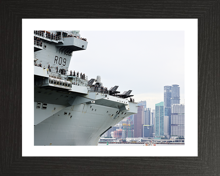 HMS Prince of Wales (R09) Photo Print - Singapore Skyline 2025 - Royal Navy Queen Elizabeth Class Aircraft Carrier Hampshire Prints 10 x 8 Black Frame Yes