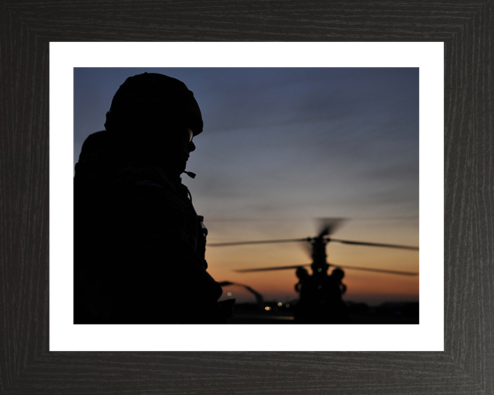 RAF Regiment Silhouette with Chinook Helicopter Photo Print - Royal Air Force Hampshire Prints 10 x 8 Black Frame Yes