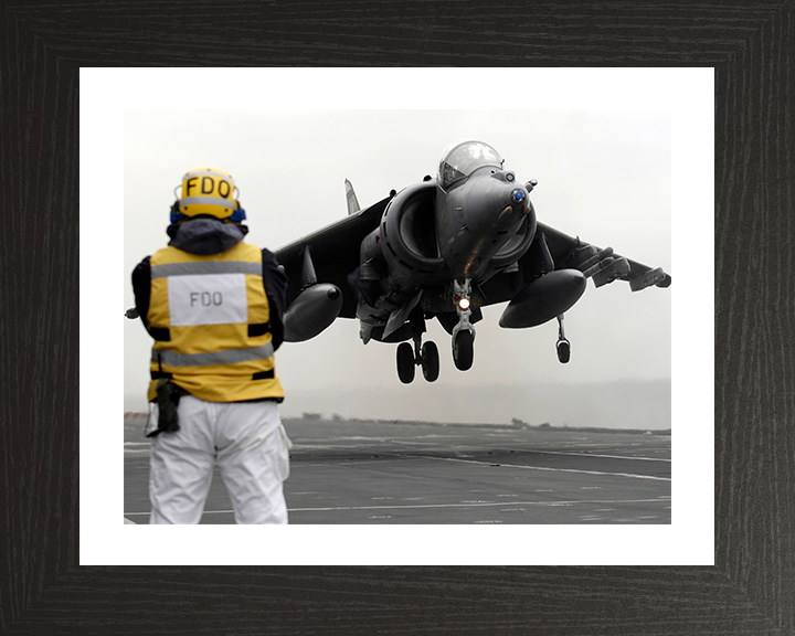 Harrier GR9 With Flight Deck Officer (FDO) Photo Print - Royal Navy Aircraft Posters, Prints, & Visual Artwork Hampshire Prints 10 x 8 Black Frame Yes