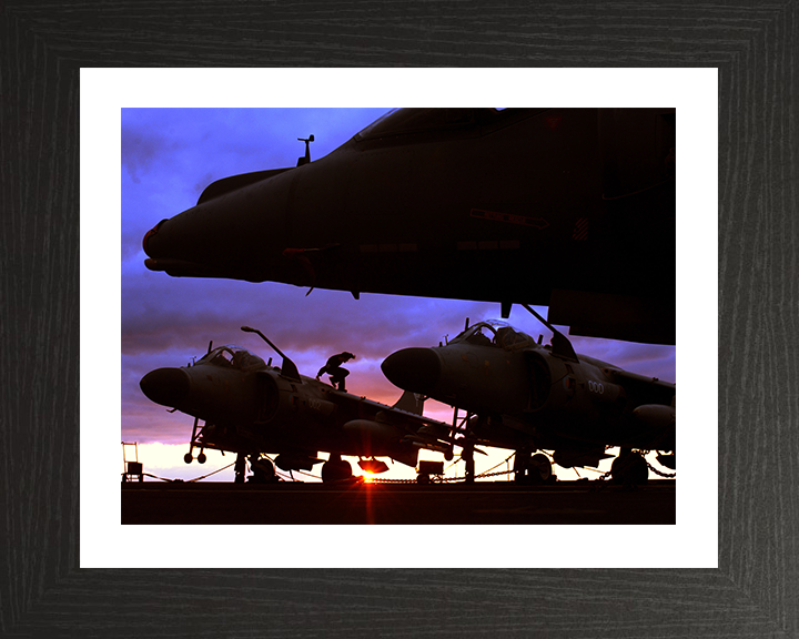 Harrier FA2s and GR7s on a Flightdeck at Sunset Photo Print - Royal Navy Aircraft Posters, Prints, & Visual Artwork Hampshire Prints 10 x 8 Black Frame Yes