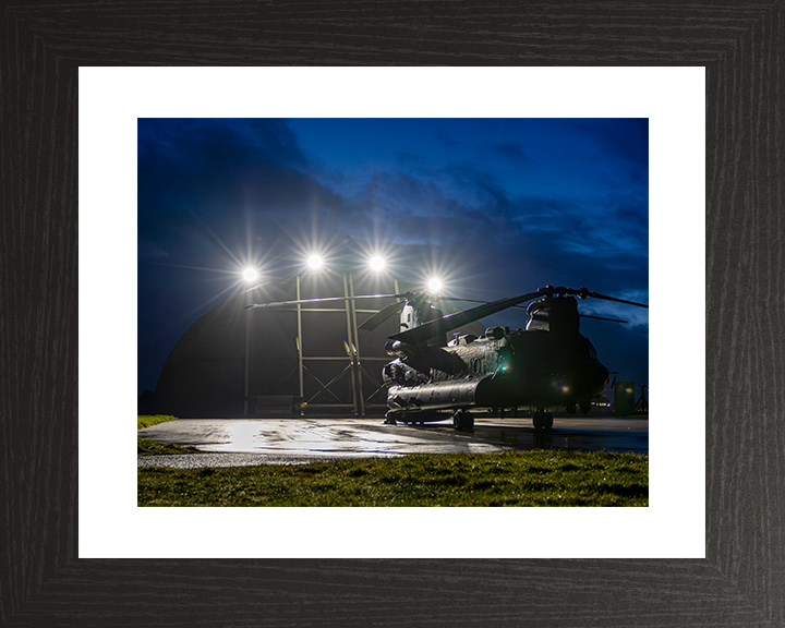 RAF Chinook Helicopter Outside a Hanger at Night Photo Print Royal Air Force Aircraft Wall Art Aviation Decor Posters, Prints, & Visual Artwork Hampshire Prints 10 x 8 Black Frame Yes
