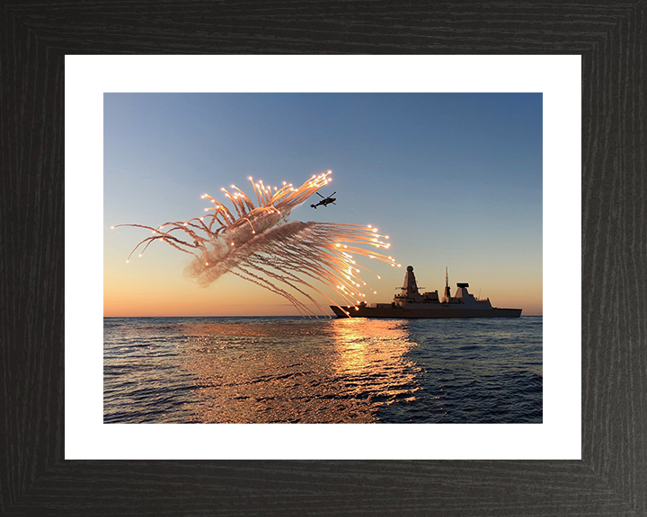 HMS Diamond (D34) Photo Print - With Flares 2018 - Royal Navy Type 45 Destroyer Hampshire Prints 10 x 8 Black Frame Yes