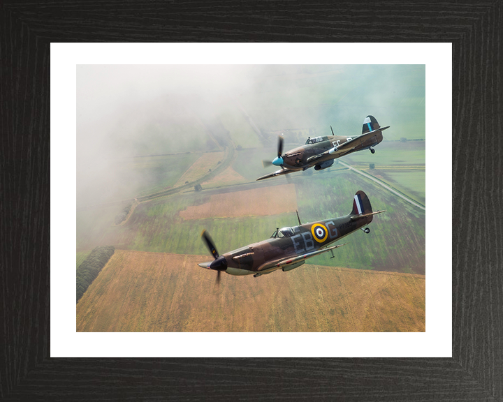 RAF Spitfire and Hurricane in flight Photo Print - Royal Air Force Aircraft Hampshire Prints 10 x 8 Black Frame Yes