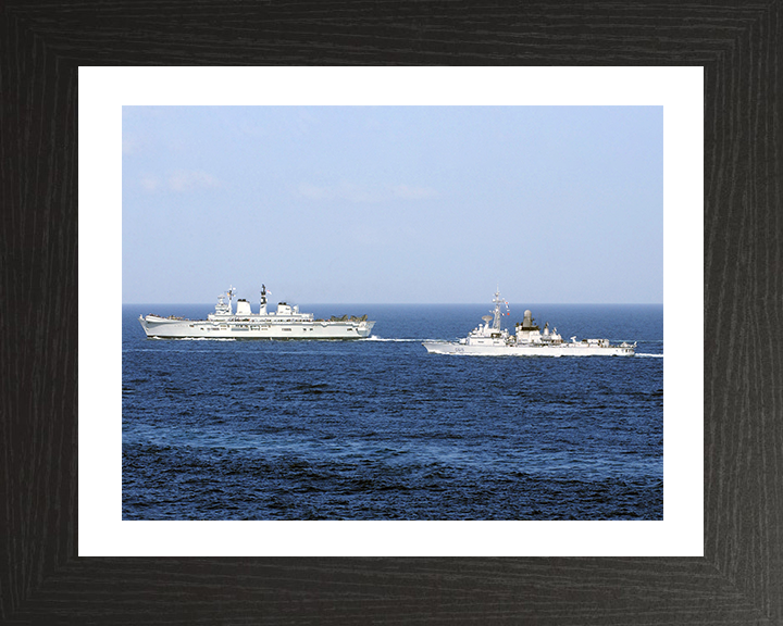 HMS Illustrious (R06) Photo Print - With USS Jean Bart - Royal Navy Invincible Class Aircraft Carrier Hampshire Prints 10 x 8 Black Frame Yes