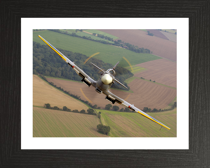 RAF Supermarine Spitfire in Flight Front on View Photo Print - Royal Air Force Aircraft Posters, Prints, & Visual Artwork Hampshire Prints 10 x 8 Black Frame Yes