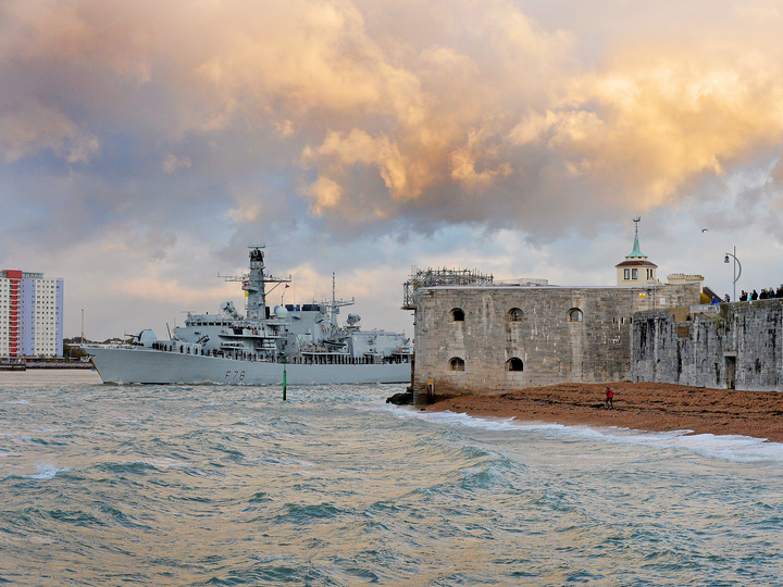 HMS Kent F78 Type 23 Frigate 21 October 2014 Leaving Portsmouth At Sunset Photo Print - Posters, Prints, & Visual Artwork - by Hampshire Prints (image 1 of 9)