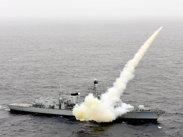 HMS Montrose F236 Type 23 Frigate April 2013 Fires Harpoon