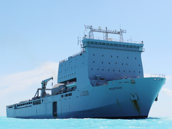 RFA Mounts Bay L3008 Bay Class Ship September 2019 Low Starboard Bow View