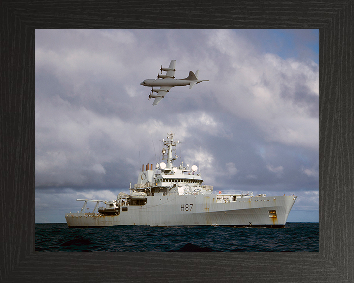 HMS Echo (H87) Photo Print - With AP3C Orion Plane - Royal Navy Echo Class Survey Vessel Hampshire Prints 10 x 8 Black Frame No