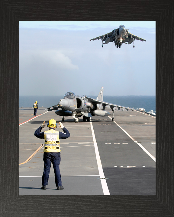 Two Harrier Jets Landing on the Flight deck of HMS Illustrious Photo Print - Royal Navy Aircraft Posters, Prints, & Visual Artwork Hampshire Prints 10 x 8 Black Frame No