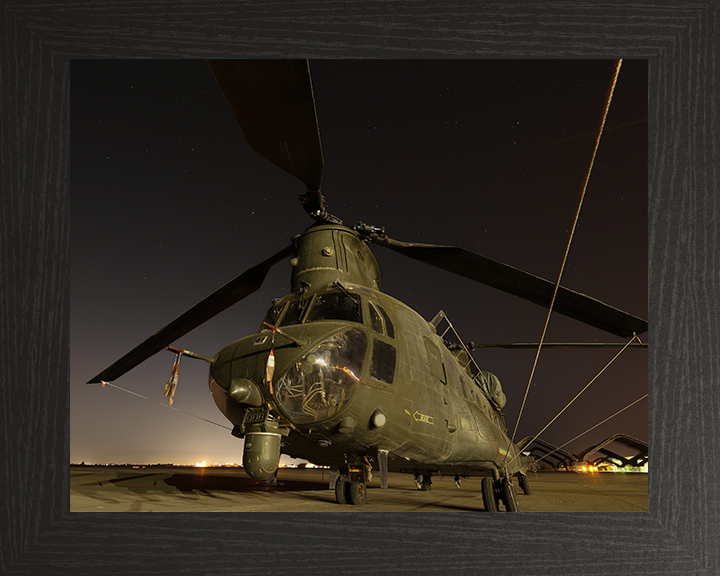 RAF Chinook Helicopter on Runway at night Photo Print - Royal Air Force Aircraft Hampshire Prints 10 x 8 Black Frame No